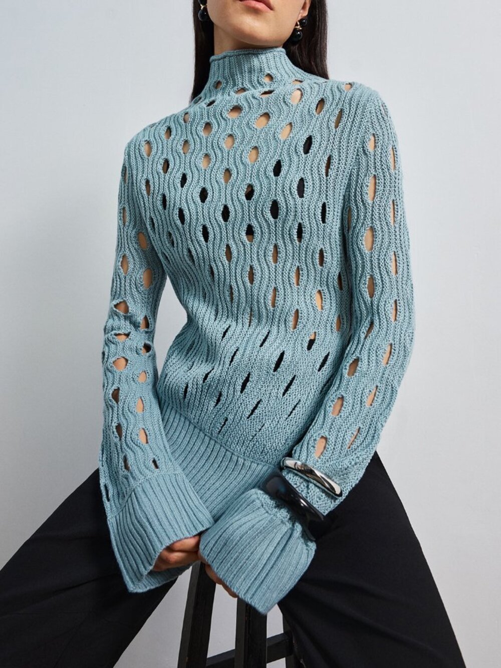 Blue Casual Women's Textured Hollow Out Openwork High Neck Pullovers
